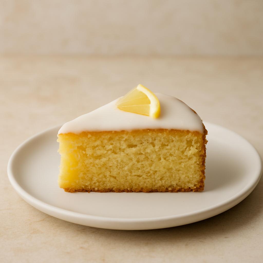 A slice of lemon cake on a white plate