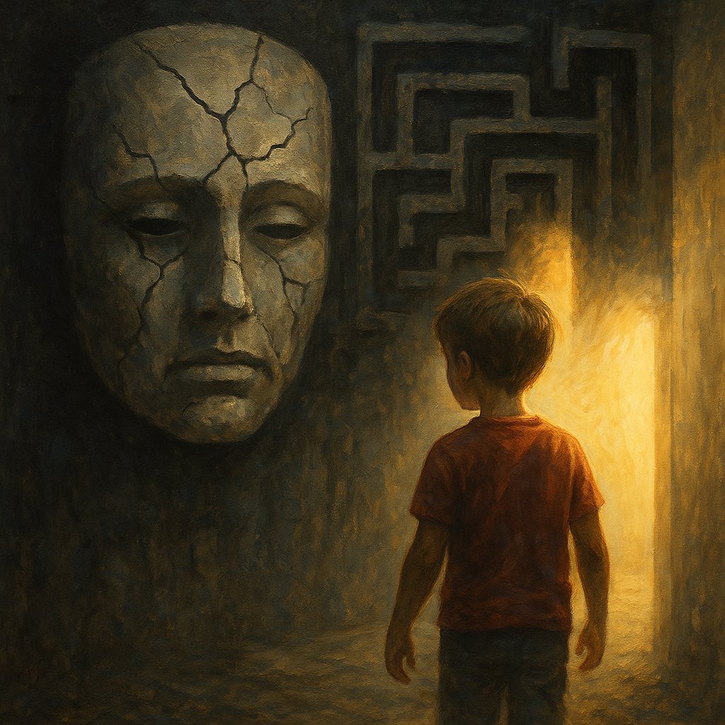 The Mother Wound – a child stepping from shadow into light, behind a shattered mask