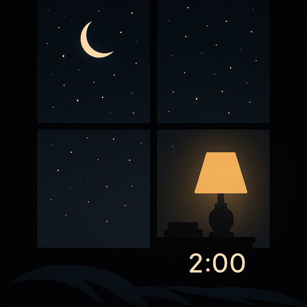 A peaceful 2am scene through a window with stars and a glowing bedside lamp